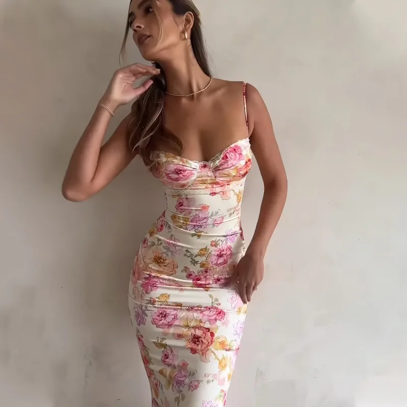 Backless Printed Dress Mid Rise Elegant and Refined with Floral Pattern Maxi Length Pencil Skirt Pencil Women Summer Dress