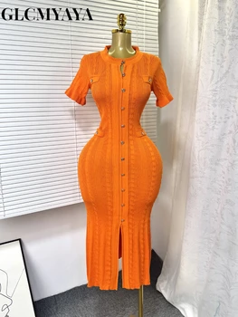GLCMYAYA Women Single Breasted O-neck Short Sleeve Knit Ribbed Bodycon Midi Dress 2025 Vacation Sexy Party Club Vestidos Dresses