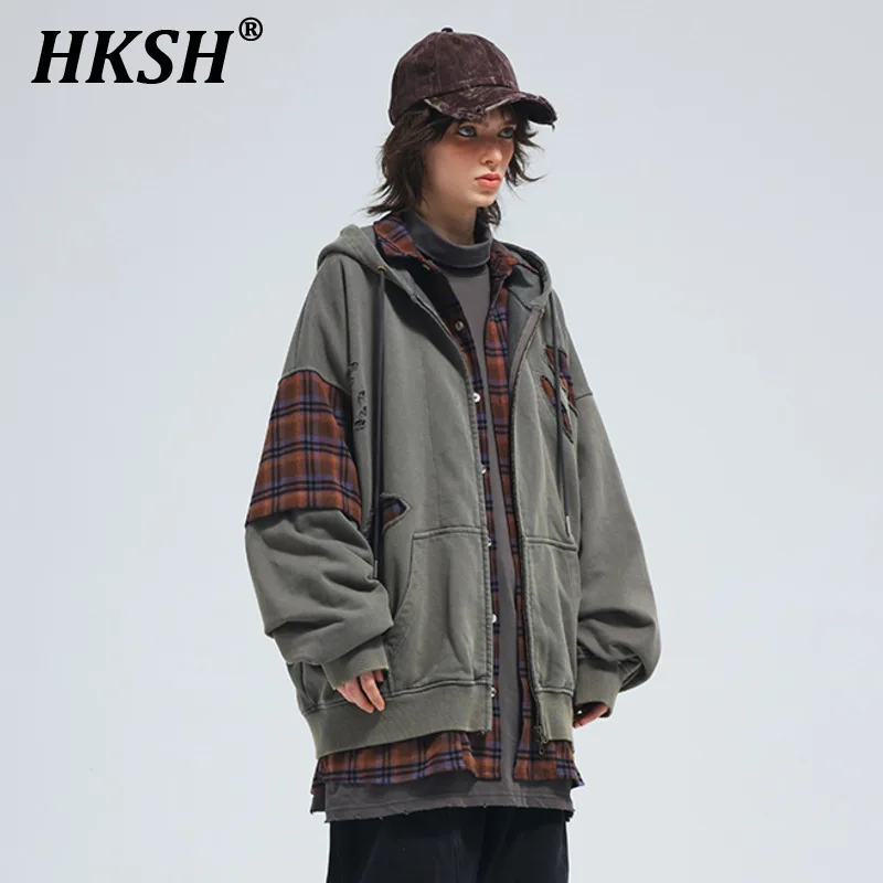 HKSH Waste Land Style Broken Holes Retro Plaid Splice Zipper Jacket Fake Two-Piece Sweatshirt Streetwear High Street Coat HK2385