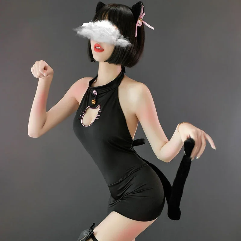 Kawaii Keyhole Cat Hollow Out Women Lingerie Set Skinny Dres Neko Cat Tail White & Black 2025 Sexy Cosplay Costume