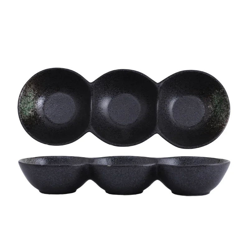 LingAo--Ceramic three-compartment bowl for snacks and sauces, multi-compartment dish for seasonings and side dishes