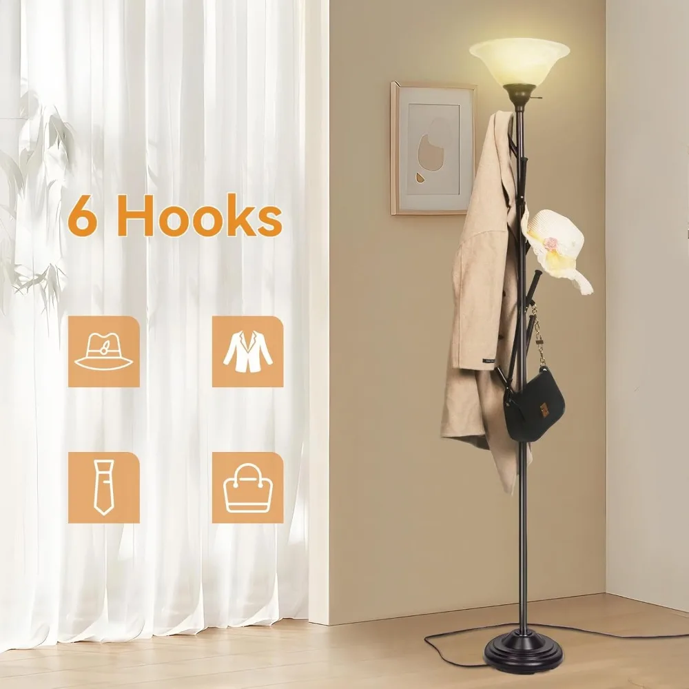 مصباح طويل القامة مع شجرة رف المعطف الدائمة، مصابيح أرضية Torchiere مع 6 خطافات، مصباح رف المعطف خاص لغرفة النوم، Entrywa