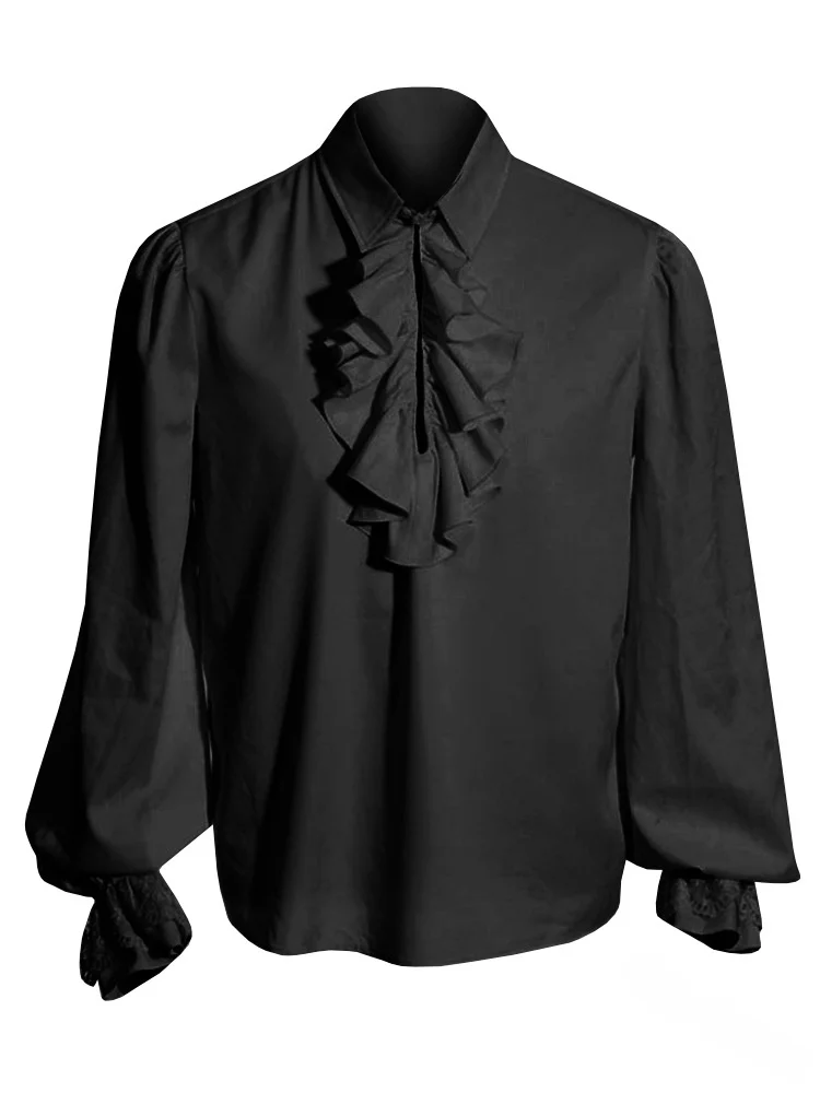 

Men's Long Sve irt with Ruffled Hemline Collar Stand Fit Youth Autumn Faion Regular Thin Other Pattern