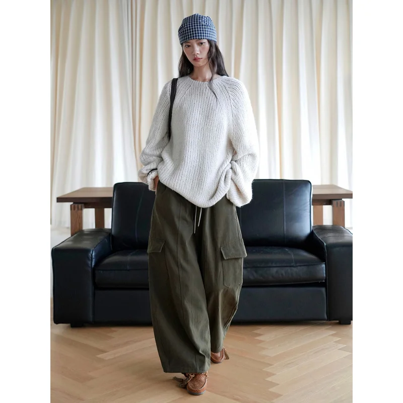 QICHE 2026 Women Japanese Minimalist Wide Leg Cargo Pants Color Block Waistband Loose Casual Trousers Fall Winter