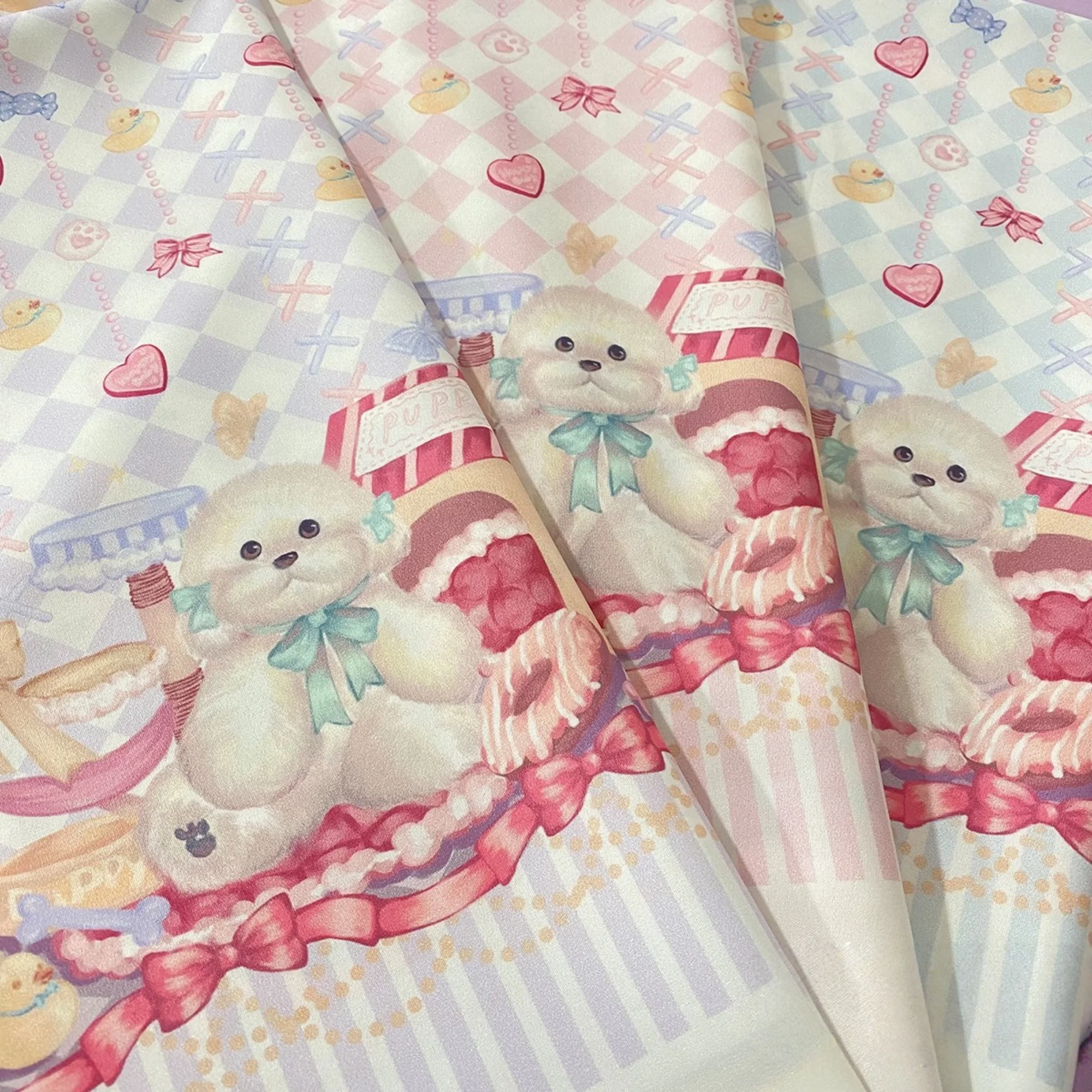 

145cm Wide Lovely Dog Fabric 3 Colors Bichon Frise Lolita Design for DIY Russian Skirt Kawaii Dress Doll Making