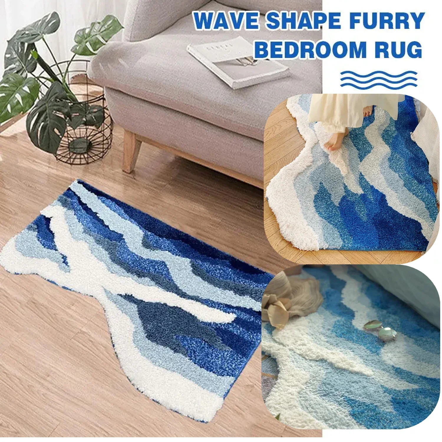 

Blue Sea Pattern Tufted Rug Flocking Carpet Tufted Carpet House Decoration Kid Room Bedside Rug Wave Shaped Plush Bedroom Carpet