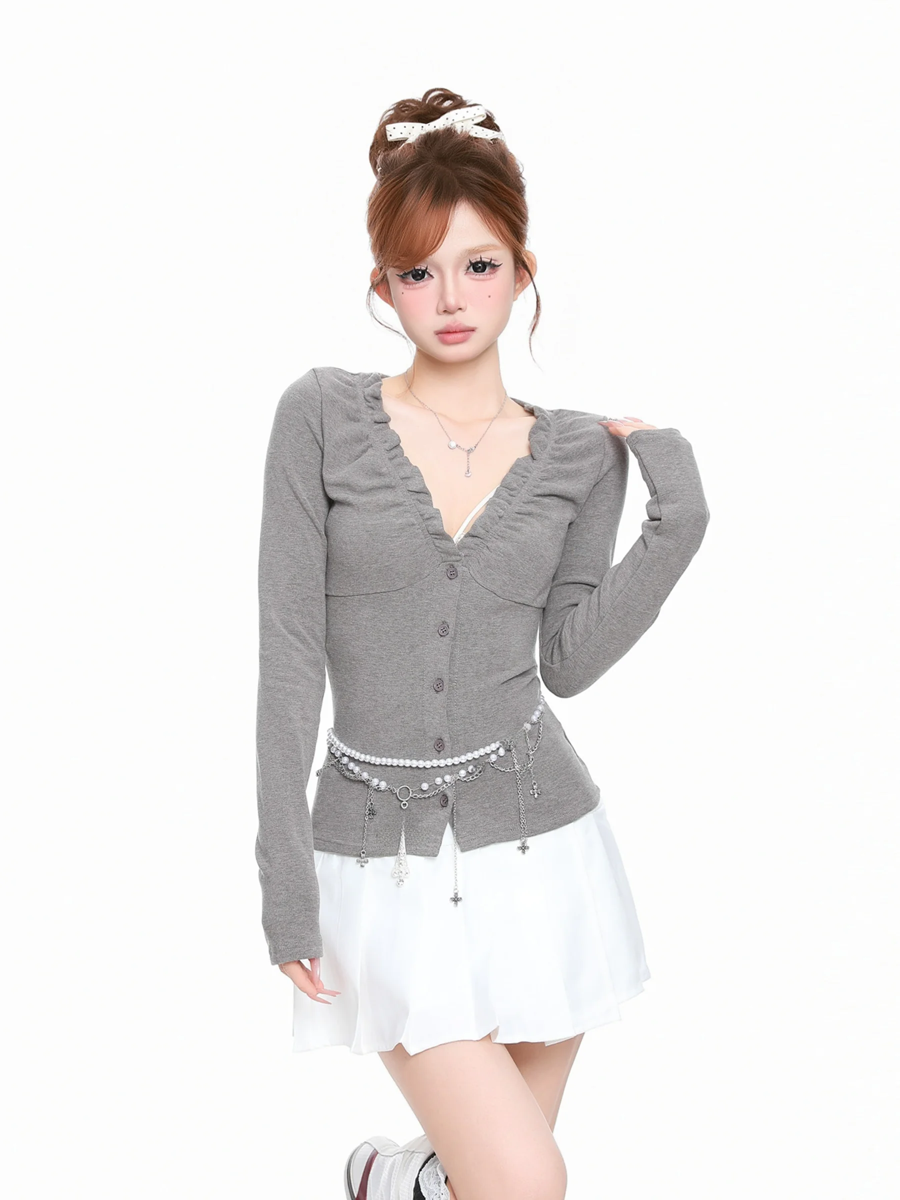 Basterds Pure Desire Wind Long Sleeve T-Shirt Women's Spring Autumn Slimming Base Layer Shirt V-neck Pleated Slim Fit Top