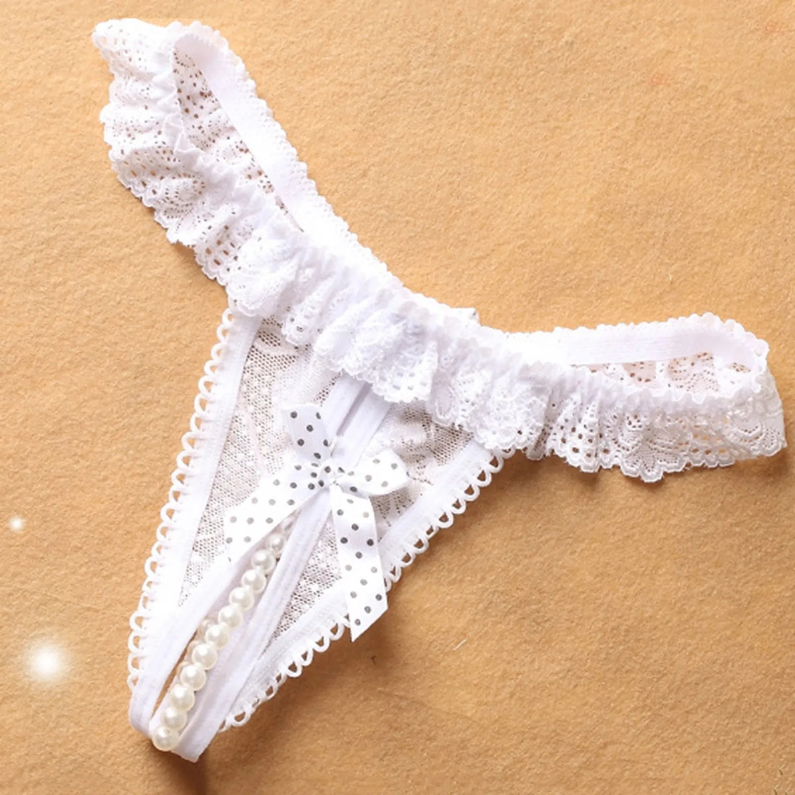 Women Sexy Crotchless Lingerie Panties Pearl With Bowknot Solid Color Erotic Lace Low Waist Thongs Seamless Ladies Panties