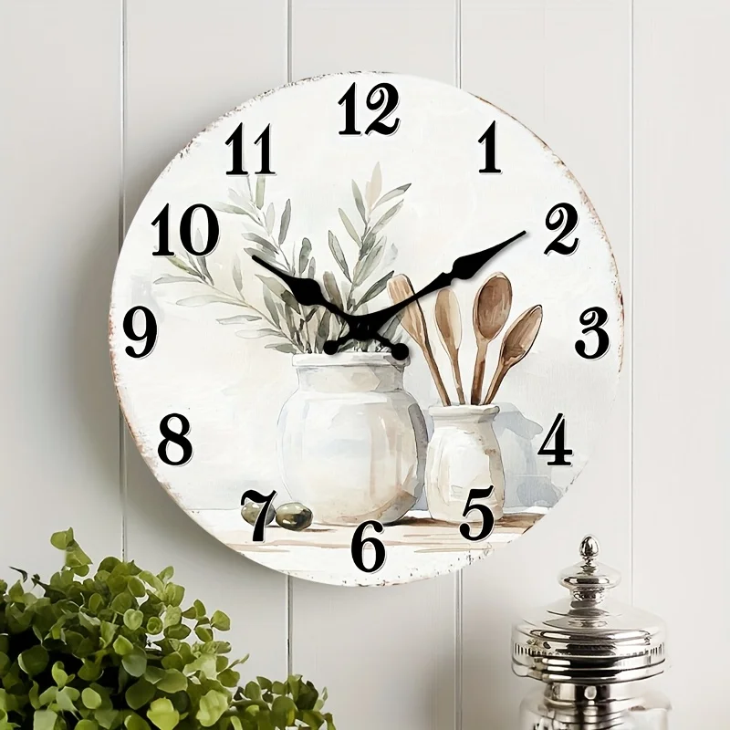 1pc of a Silent Wall Clock That Doesn'T Tick, Made of Wood, Featuring a Decorative Circular Design. It'S a Rustic Addition to Kitchen Decor, Complemented by Plants And Utensils. Suitable for Various Spaces Like The Kitchen, Study Room, Hallway
