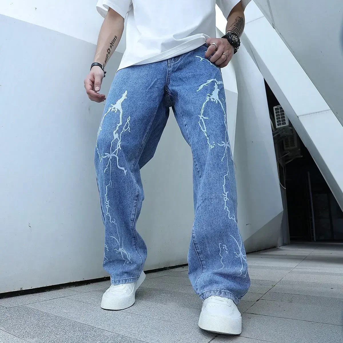 Graffiti Printing Jeans Men\'s Gradient Hip Hop Trousers Harem Cartoon Loose Casual Ankle Banded Pants Cargo Denim Jeans for Men