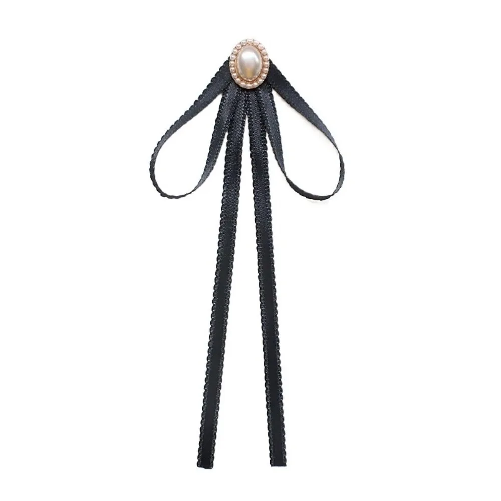 

Elegant Solid Color Black Ribbon Pin Pearl Rhinestones Black Bow Necktie Lolita JK Ribbon Badge Brooch Girl
