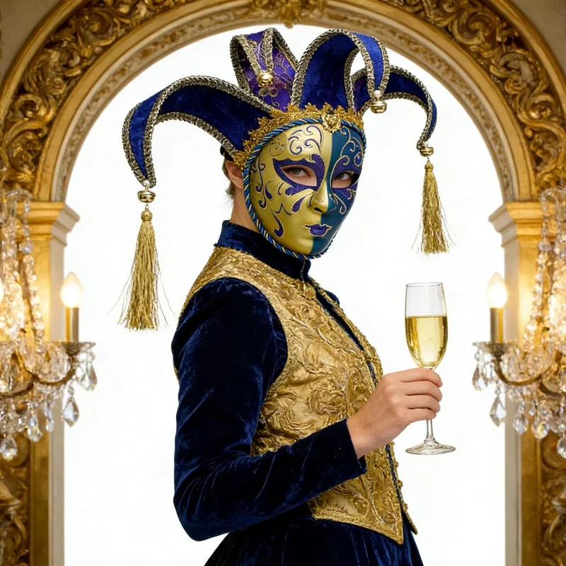 

Венецианская маска-шут для маскарада — двухцветная (синий и золотой) с колокольчиками и жемчугом: бархатные акценты, тонкая работа для костюмированной вечеринки