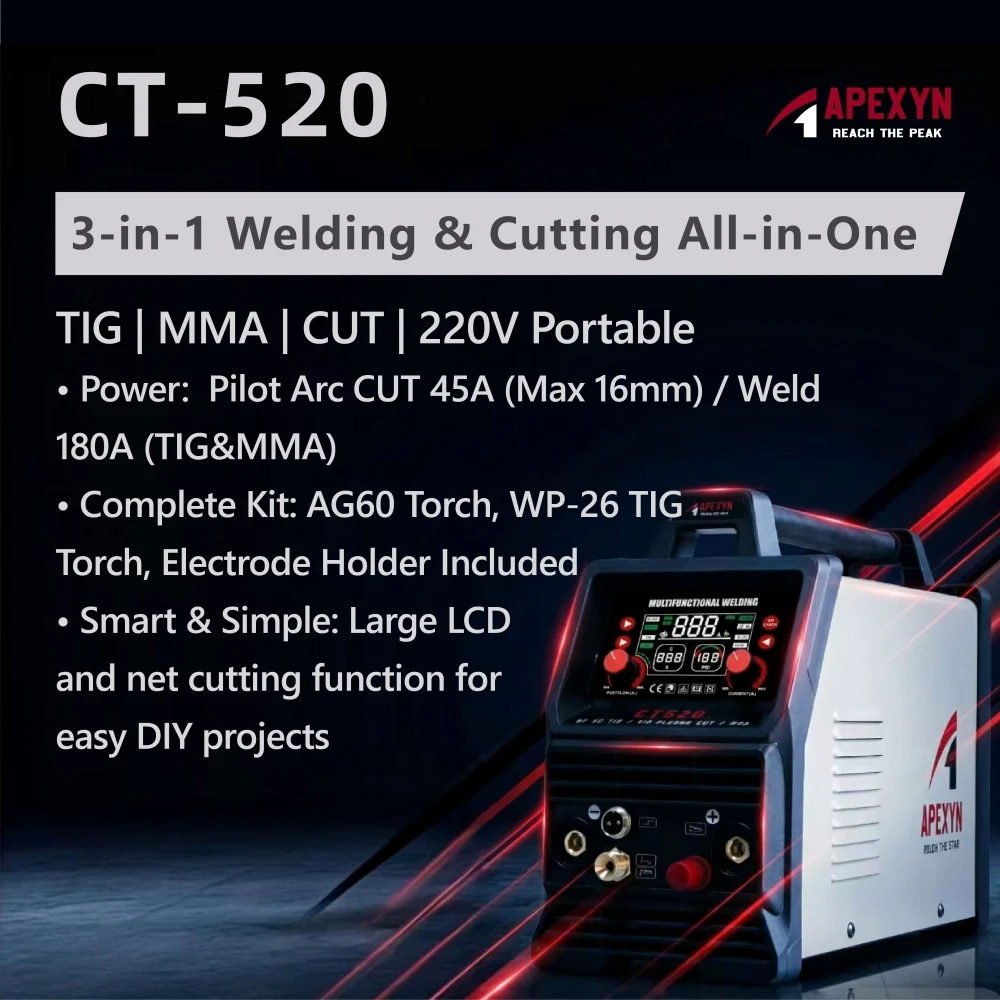 APEXYN CT520 Plasma Welding Machine TIG/MMA/Plasma Cut 3-in-1 Max Cut 16mm Dual Voltage 110V/220V Steel Aluminum Cutting IGBT
