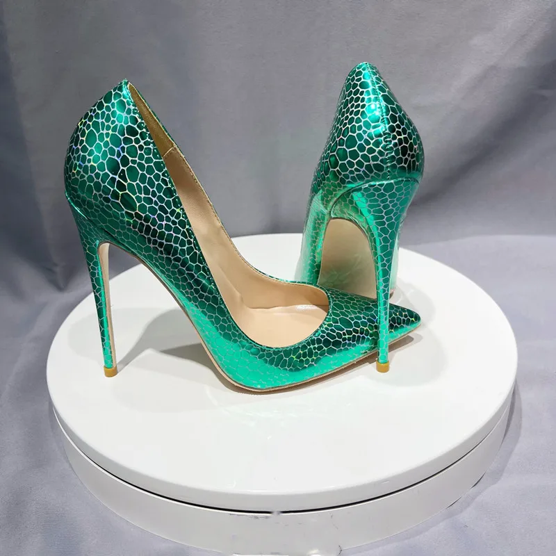 Tikicup Green Printed Women Pointy Toe High Heel Shoes Formal Sexy Celebrity Ladies Dress Slip On Stiletto Pumps Plus Size 33-46