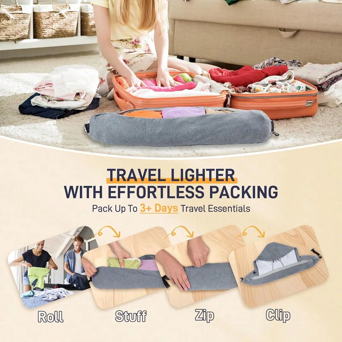 1 capless travel pillow with storage bag - Soft refillable neck pillow, zippered pillowcase, travel essentials