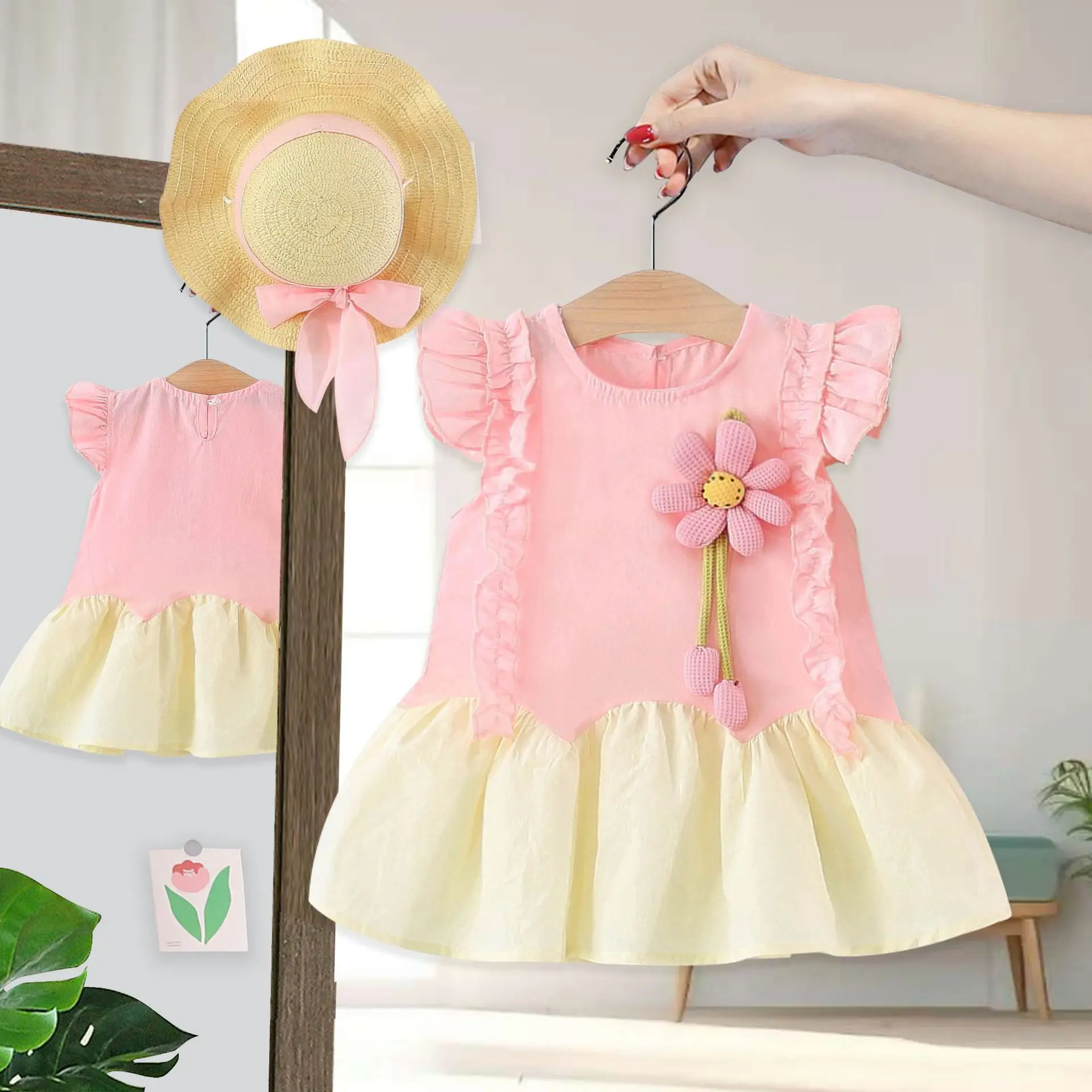 2025 New Children's Clothing Summer Girls' Dress Children's Fashionable Beach Skirt Thin Flower Flying Sleeve Skirt
