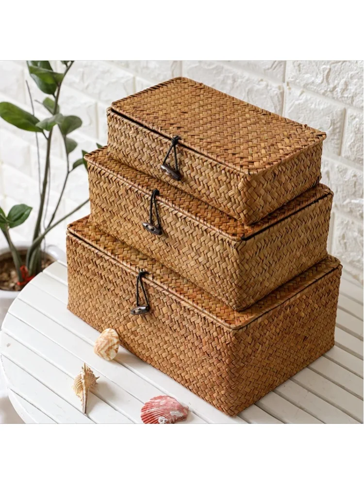 3 sztuki: pudełko do przechowywania z pokrywką, ręcznie plecione ze słomy, w rozmiarach S, L i XL, w stylu vintage, idealne jako organizer na biurko, koszyk imitujący rattan, do przechowywania — 2