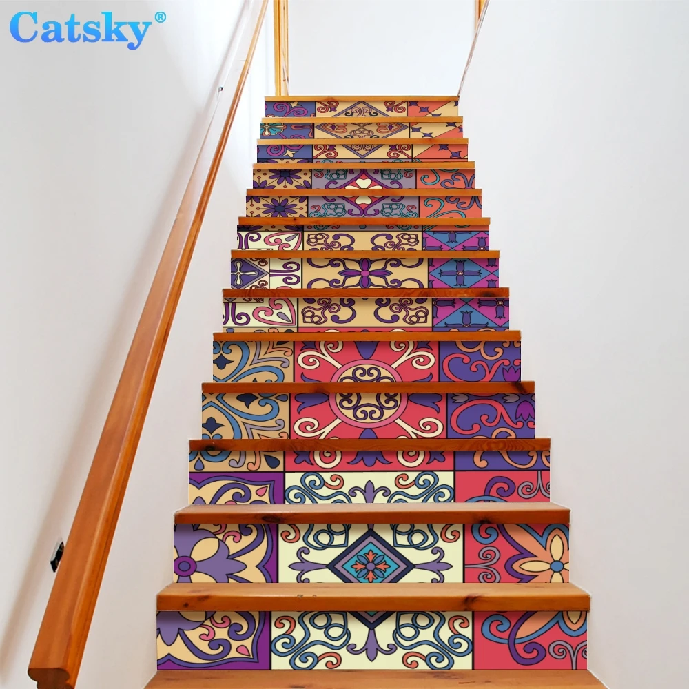 Ethnic Style Printstyle,Mandala,6pcs 13pcs/Set Stair Floor Stickers Waterproof Removable Self Adhesive Diy Stairway Decals