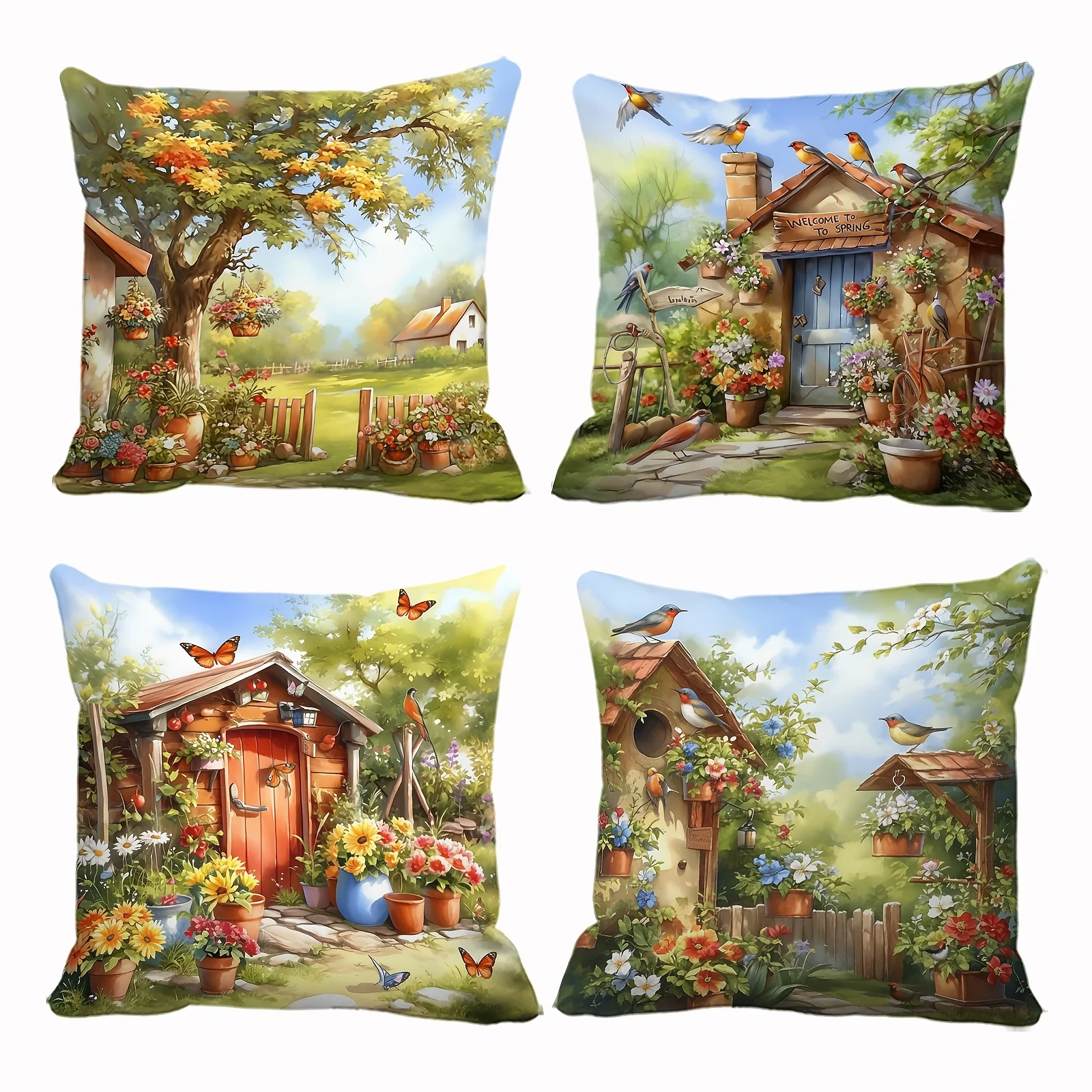 Juego  4 fundas  almohada cálidas y curativas | Flores  primavera, cabaña campestre, flores, mariposas, patrones corativ