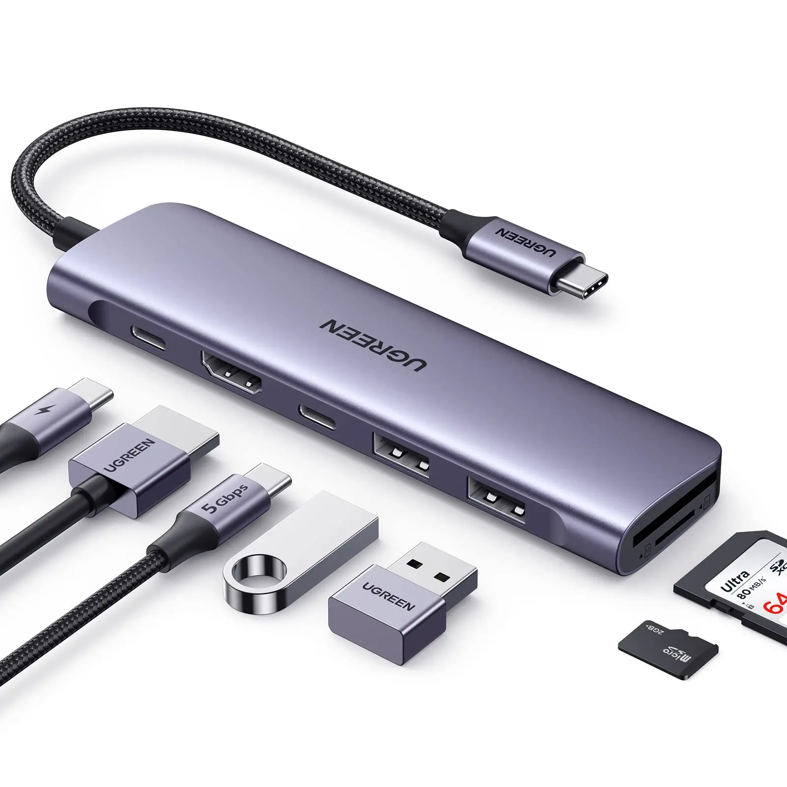 UGREEN USB-C Hub for Laptop 7-in-1 Dock 4K for 2.1 100W PD Charging 2 USB-A 5Gbps SD Card Aluminum Alloy in Stock