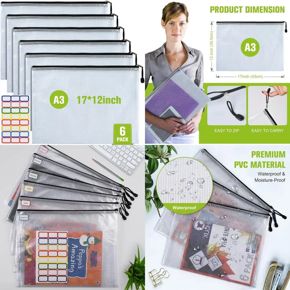 

Mesh Zipper Pouch, 6PCS Waterproof Plastic Mesh Zipper Bag, A3 Size Tear-Resistant Document Pouch, Extra Large Zip File Bags, fo