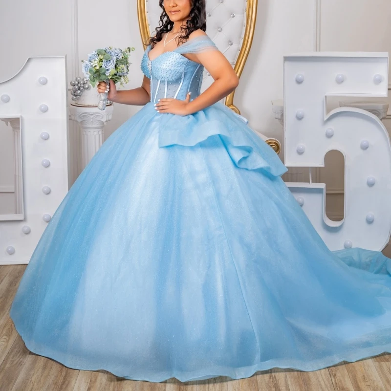 

Sky Blue Shiny Ball Gown Quinceanera Dresses 2026 Beading Crystal Tull Corset Off Shoulder Sweet 16 Dress Vestidos De 15 Anos