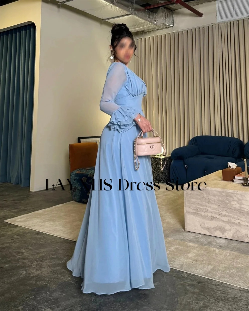 LAYXHS Simples Com Decote Em V Vestidos de Noite Azul A Linha Mangas Compridas Em Camadas Plissado Vestidos de Baile Personalizados فساتmavera