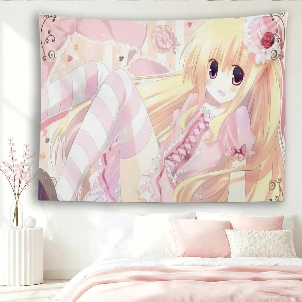 Cute Pink Lolita Anime Girl Tapestry, Sweet Blonde Loli Kawaii Wall Hanging, Heart Candy Stripe Aesthetic Polyester Wall Cloth