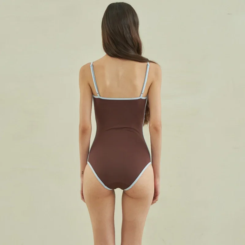 Sexy One Piece Solid Swimsuit Women Cut Out Bathing Suit Swimwear Monokini Bandeau Bathing Suit Korean Padded Beach Wear Brown