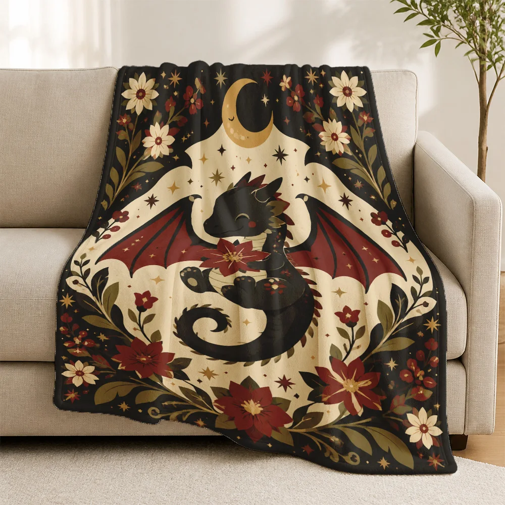 Gothic Dragon Moon Throw Blanket for Sofa Couch Home Decor Tapestry Halloween Boho Autumn Fall Seasonal Art Cozy Seating Gift