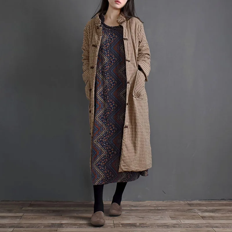 Литературное хлопково-льняное утолщенное стеганое длинное пальто в клетку, женская зимняя китайская однорядная свободная куртка с пряжкой и карманами
