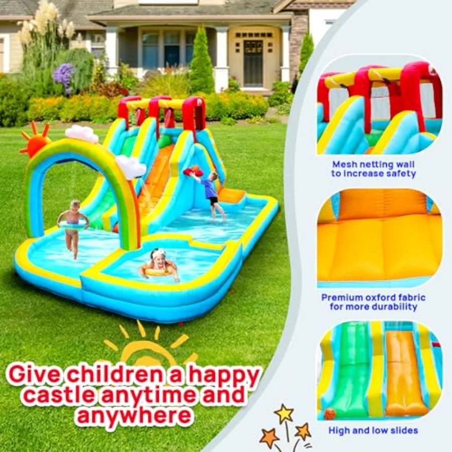 Inflatable Water Double Slides Park for Outdoor Use PVC Material Rainbow Color Includes Blower Shooting Game Rock Climbing and