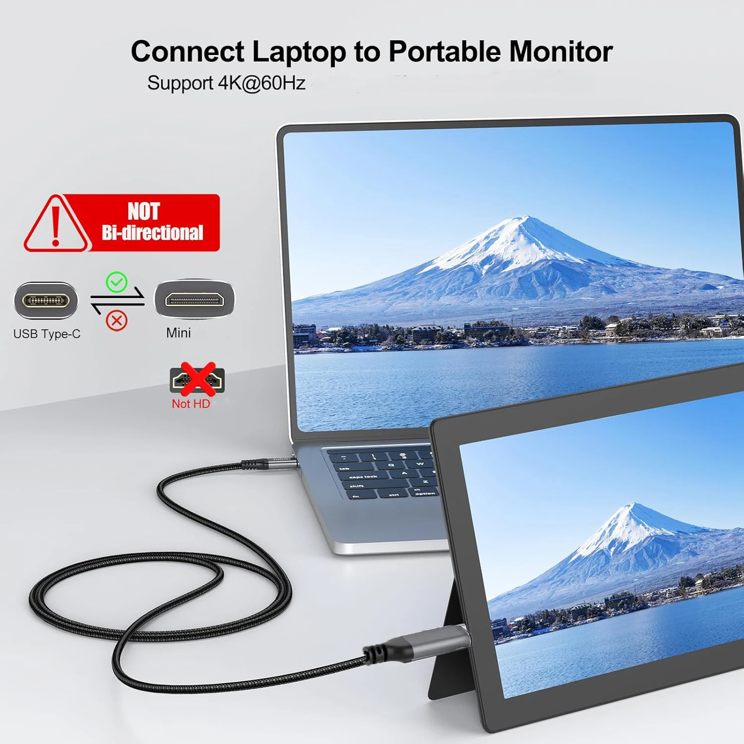 1.8m Type-C to Mini HDMI-compatible Adapter Cable 4K@60Hz for Portable Monitor Compatible with Samsung Galaxy S23 Macbook Pro
