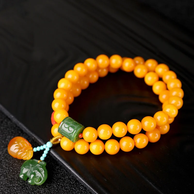 

8mm Stone Chicken Fat Yellow Amber Two-Layer Bracelet with Jasper Jade Pendant Women