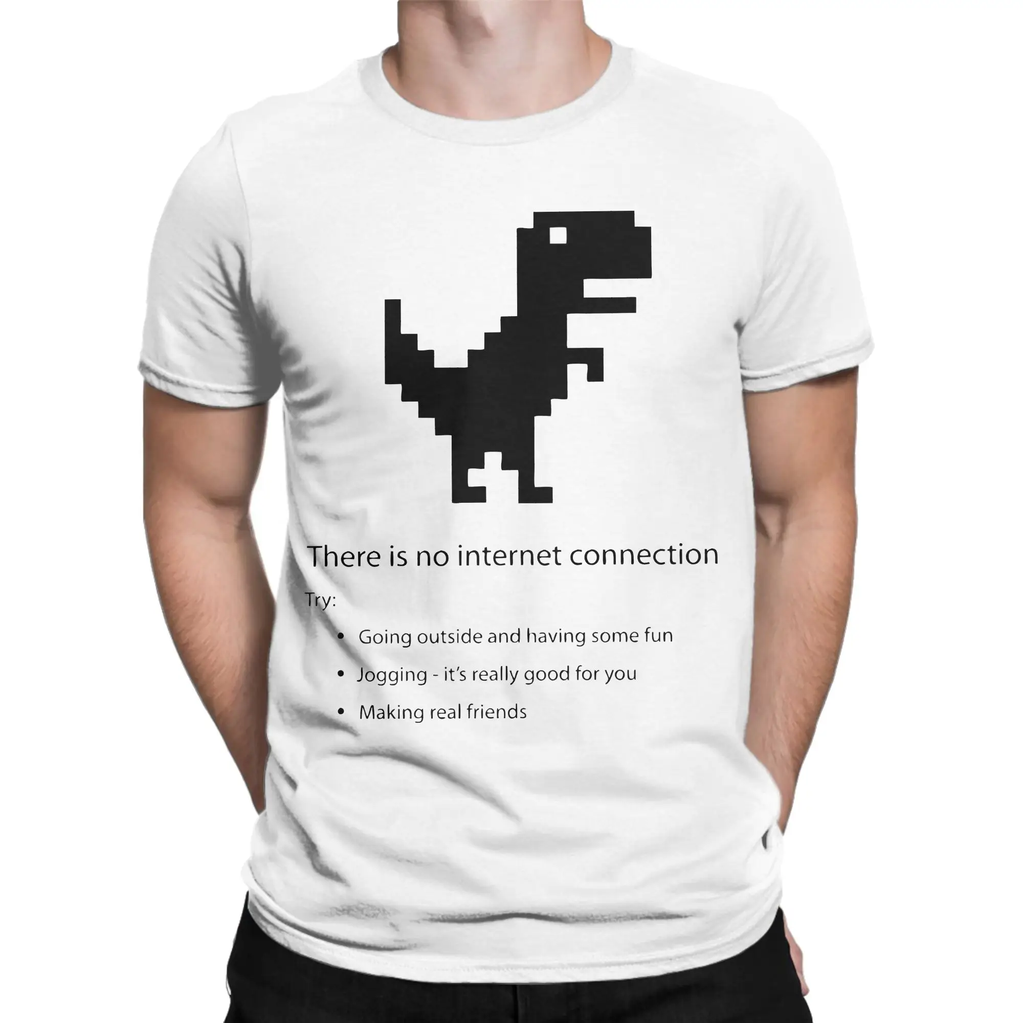 No Internet Dino T-Shirt for Men Funny Chrome Dino Offline Nerd Geek Programmer 100% Cotton Tees O Neck T Shirts New Arrival
