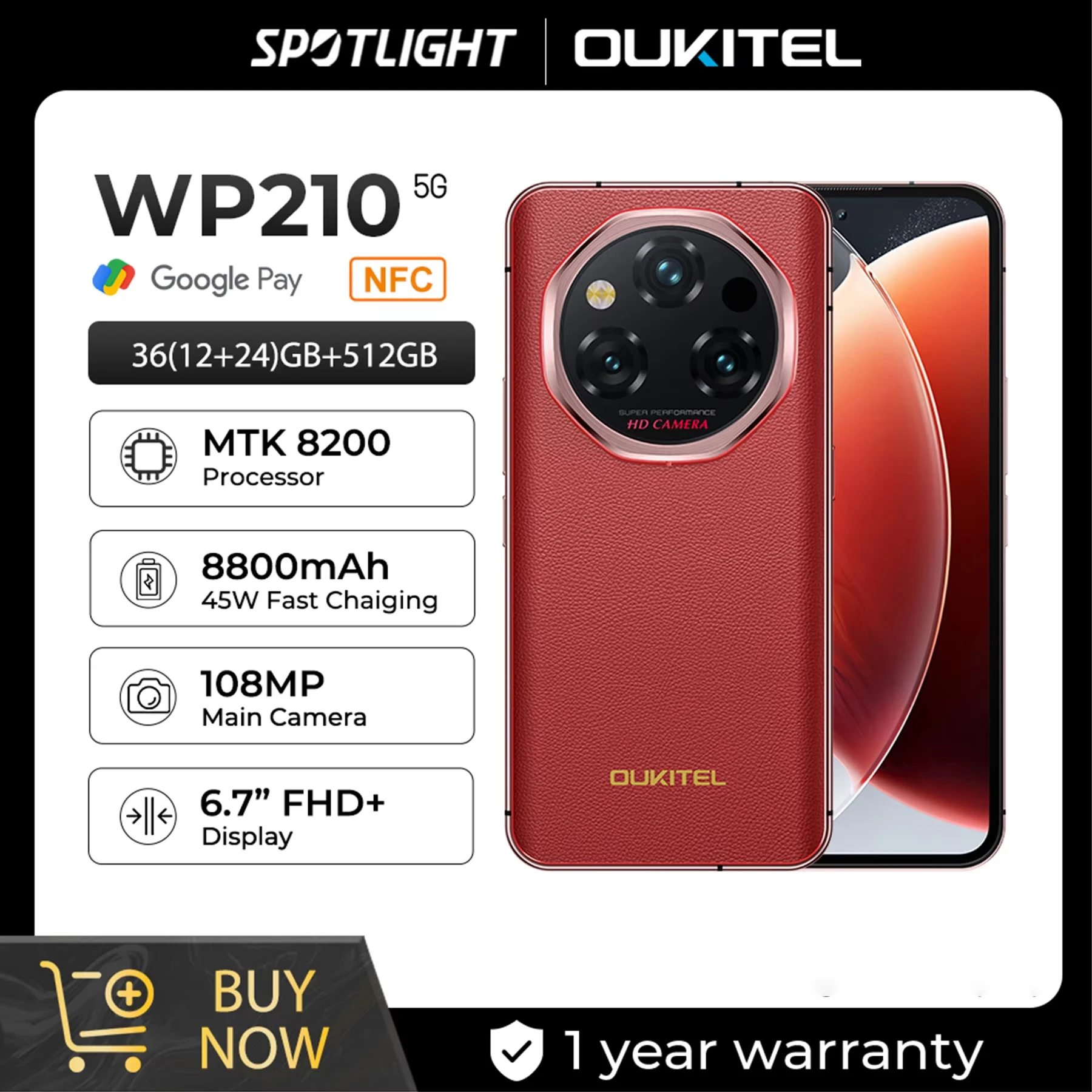 【World Premiere】OUKITEL WP210 Rugged Phone - MTK 8200, 36GB 512GB, 8800mAh 45W, 6.7'', 108MP NFC Android15 Smartphone  WIFI/5G
