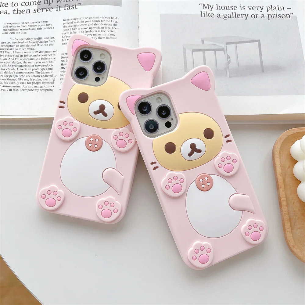 Cute Rilakkuma Bear For iPhone 16 15 14 13 12 Mini 11 Pro Max Xs XR 6 7 8 Plus SE Kawaii Cat Silicone Soft Cover Case