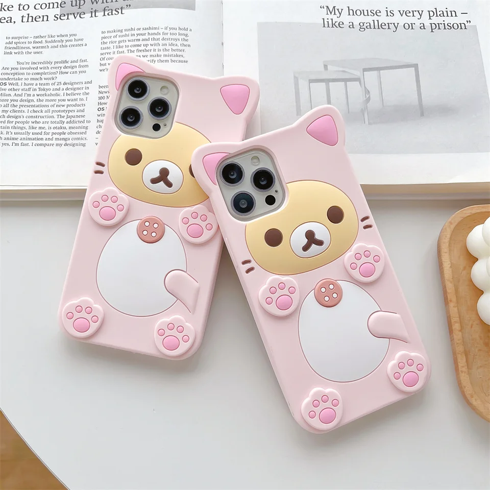 Funda de silicona suave con diseño de oso Rilakkuma para iPhone 17 Pro Max 16 15 14 13 12 Mini 11 Pro Max Xs XR 6 7 8 Plus SE, cubierta Kawaii de gato 2