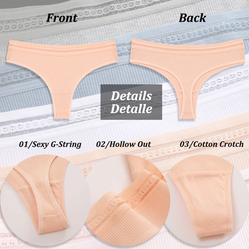 3PCS/Set Cotton Panties for Women Sexy Lace Thongs G-String T-Back Thongs Ribbed Female Soft Underwear Women\'s Cotton Panties