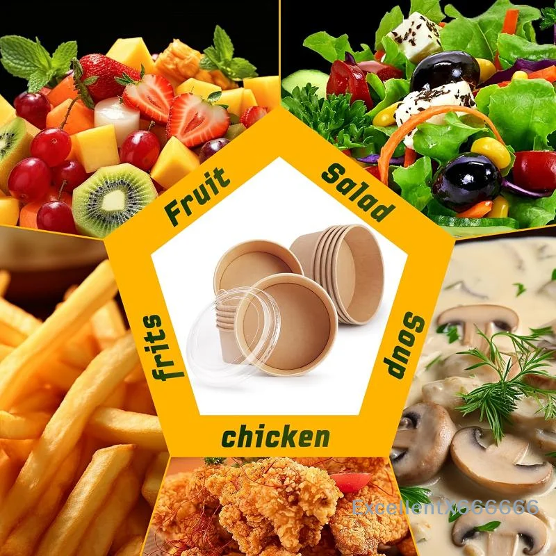Kraft Paper Round Food Boxes with Clear Anti-Fog OPS Lids 25 Pack Compostable Disposable for Home Meal Prep Takeaway Catering E