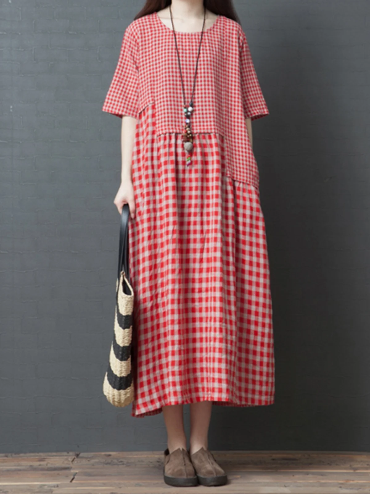 Lâche coréenne Sle femmes Dr été nouveau Faion Patchwork coton lin Plaid ort Sve Long Dr décontracté trajet