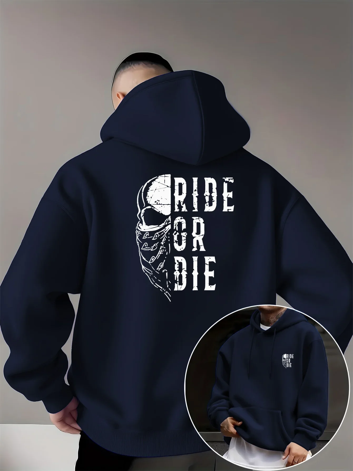 Men's Autumn/Winter Fashion Hooded Sweatshirt RIDE OR DIE Motorcycle Skull Vintage Line Double-Sided Print Creative Patter