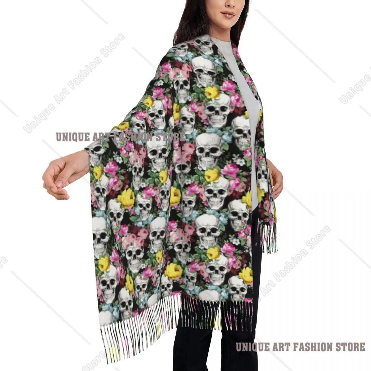 مخصص روز زهرة الجمجمة نمط شرابة وشاح المرأة شتاء خريف دافئ شال التفاف سيدة هالوين الأوشحة القوطية