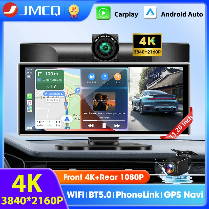 

Portable 11.26 inch Car DVR 4K Camera Dashcam Wireless Carplay & Android Auto GPS Navigation Dashboard Video Recorder FM AUX BT