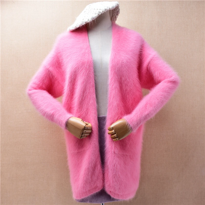 

Women Mujer Autumn Winter Clothing Pink Hairy Mink Cashmere Knitted Loose Cardigans Angora Fur Sweater Jacket Coat Pull Tops