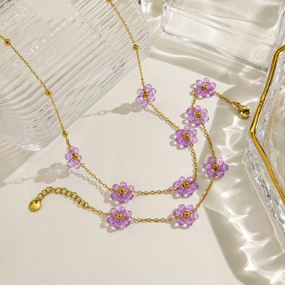 V. Stainless Steel Sweet Purple Flower Versatile Colorful Necklace Women Aesthetic Jewelry Wholesale