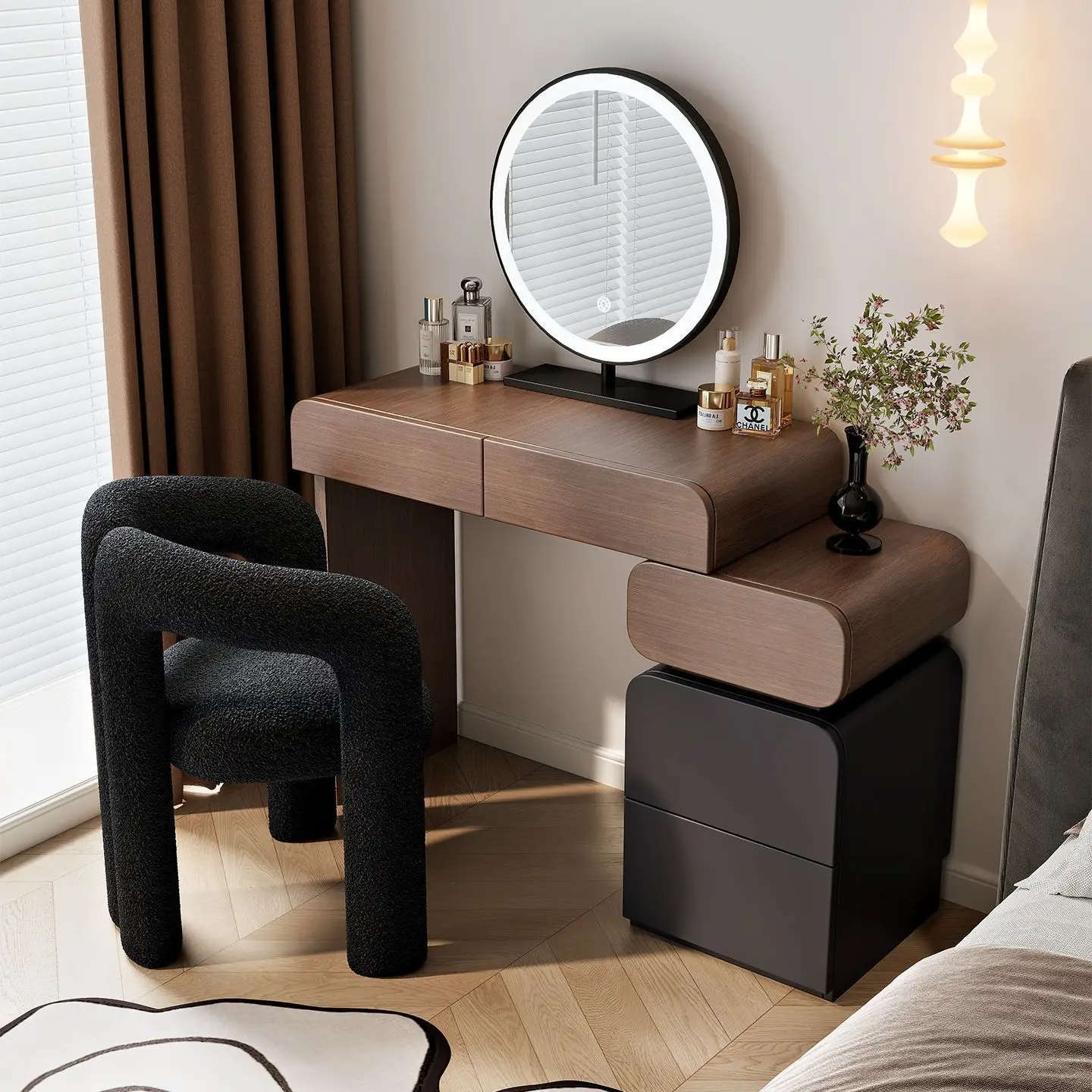 Small Apartment Makeup Vanity Desk with Mirror Luxury Vanity Set with Side Cabinet, Microfibre Leather Wrapped Dressing Table