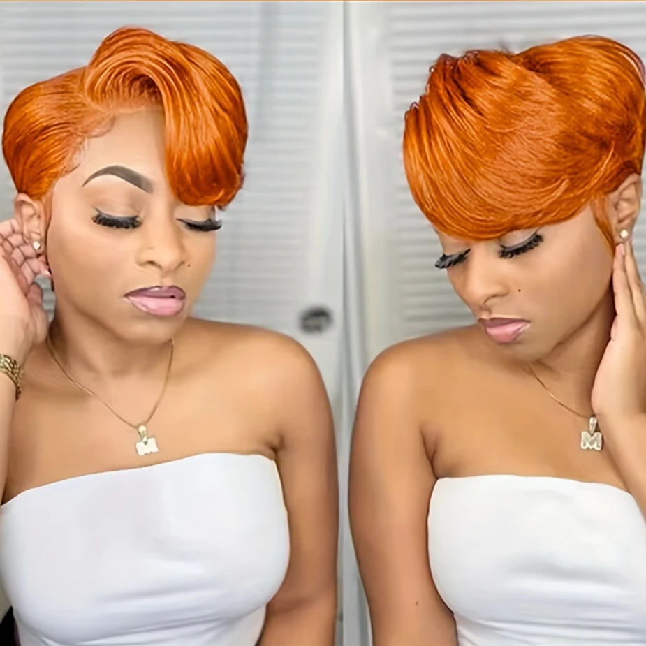 Pixie Cut Human Hair Wigs Orange Wig 13×1 T Part Lace Wig Ginger Short Human Hair Wigs 6inch Hair Wig 150% density