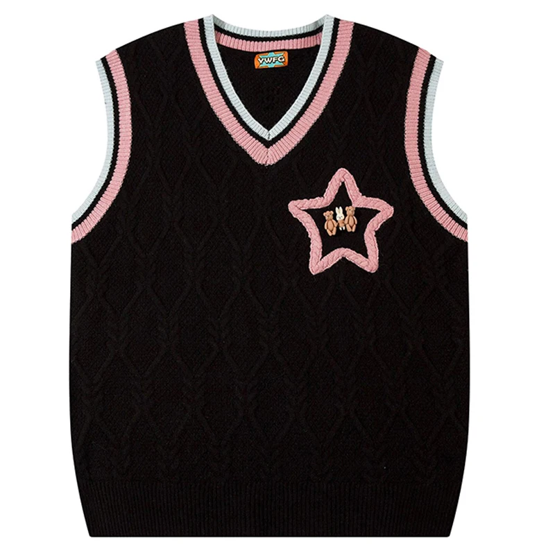 Sweater Vest Men Women Cotton Sleeveless V-Neck Knit Sweater Hip-hop Loose Pullovers Cartoon doll Pentagram Oversize Streetwear