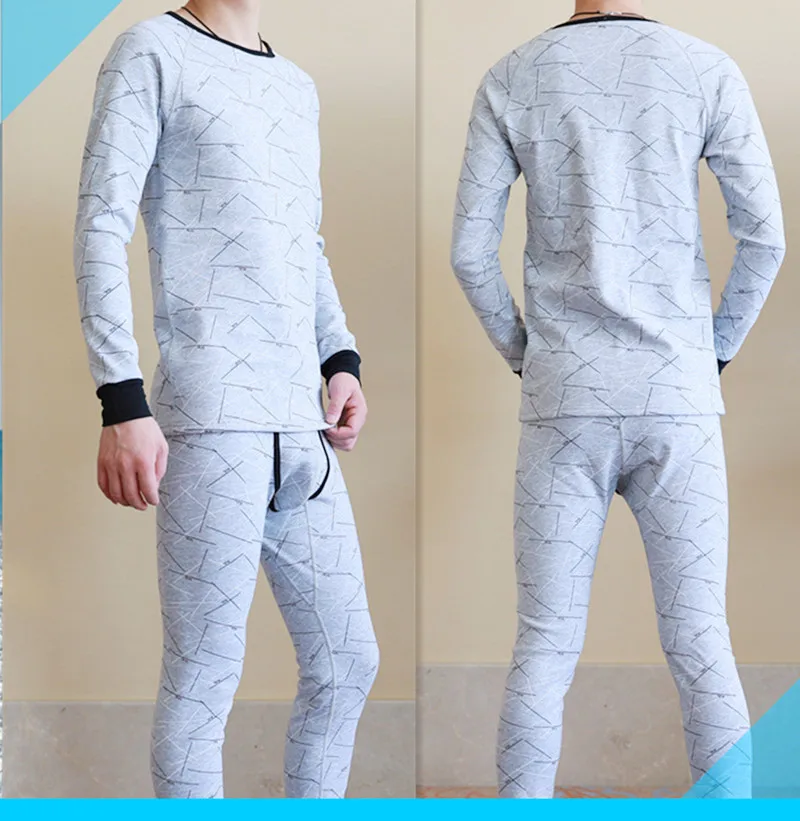 Men's Fashionable Print Thermal Underwear Adult Plus Thick Velvet Heating Cationic Autumn Clothe and Pant Set Youth Bottom Basic